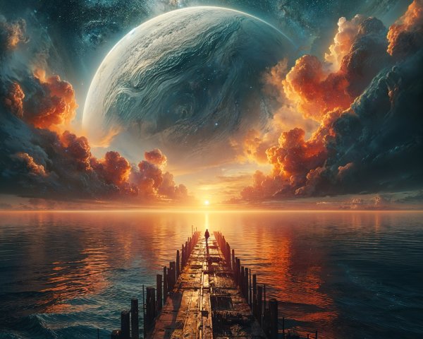 Dock at Sunset with Vibrant Clouds and Cosmic Planet