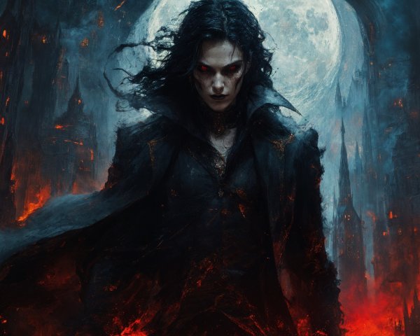 Mysterious figure with pale skin and red eyes at night