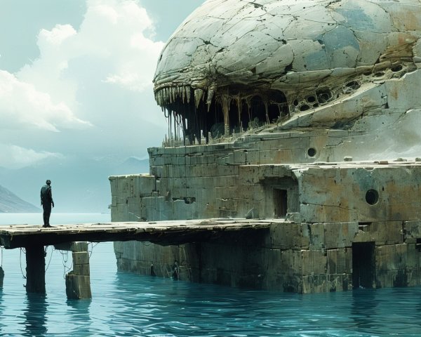 Lone Figure at Skull-Like Structure on Weathered Dock