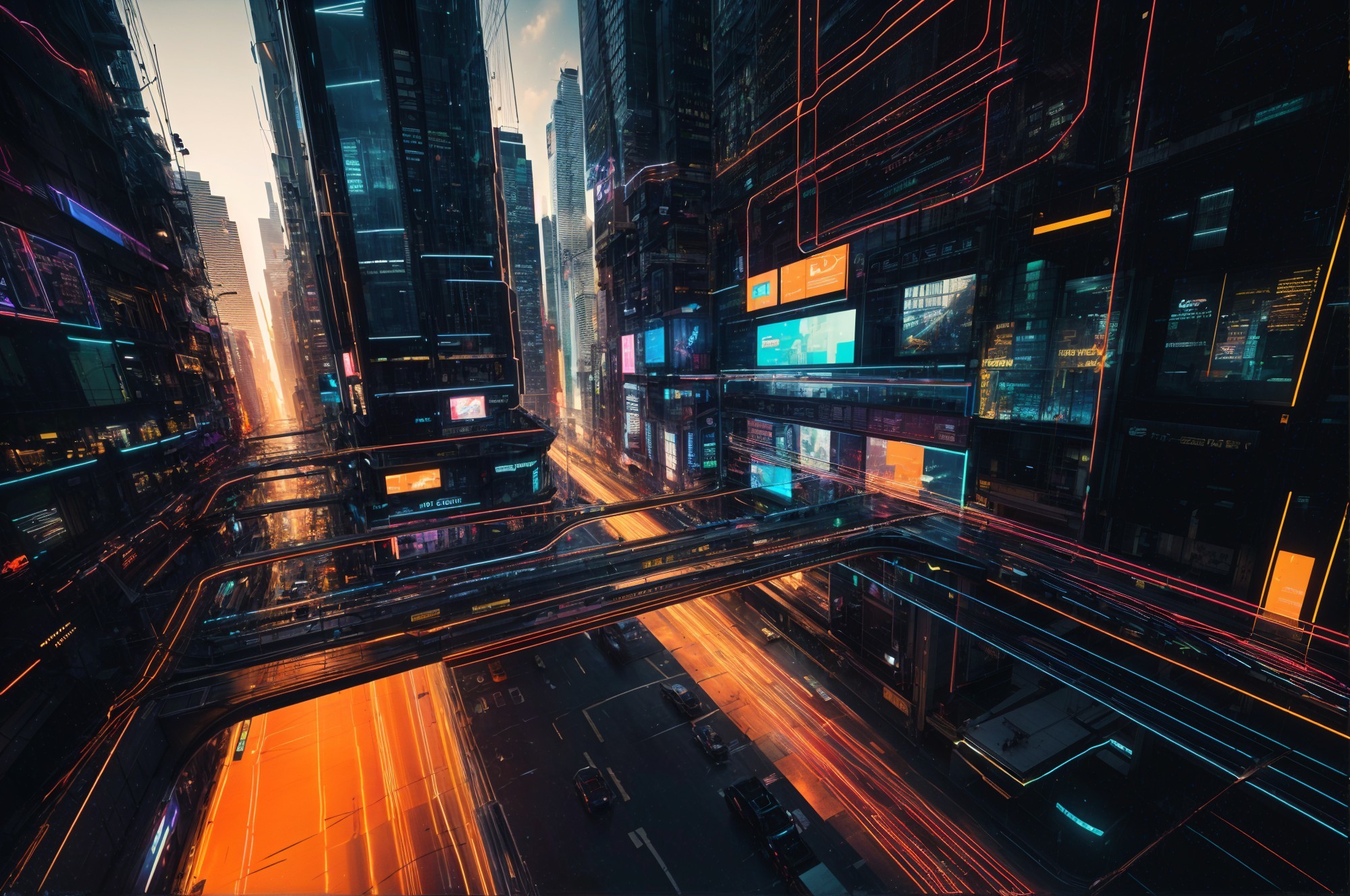 Futuristic cityscape with illuminated skyscrapers and walkways