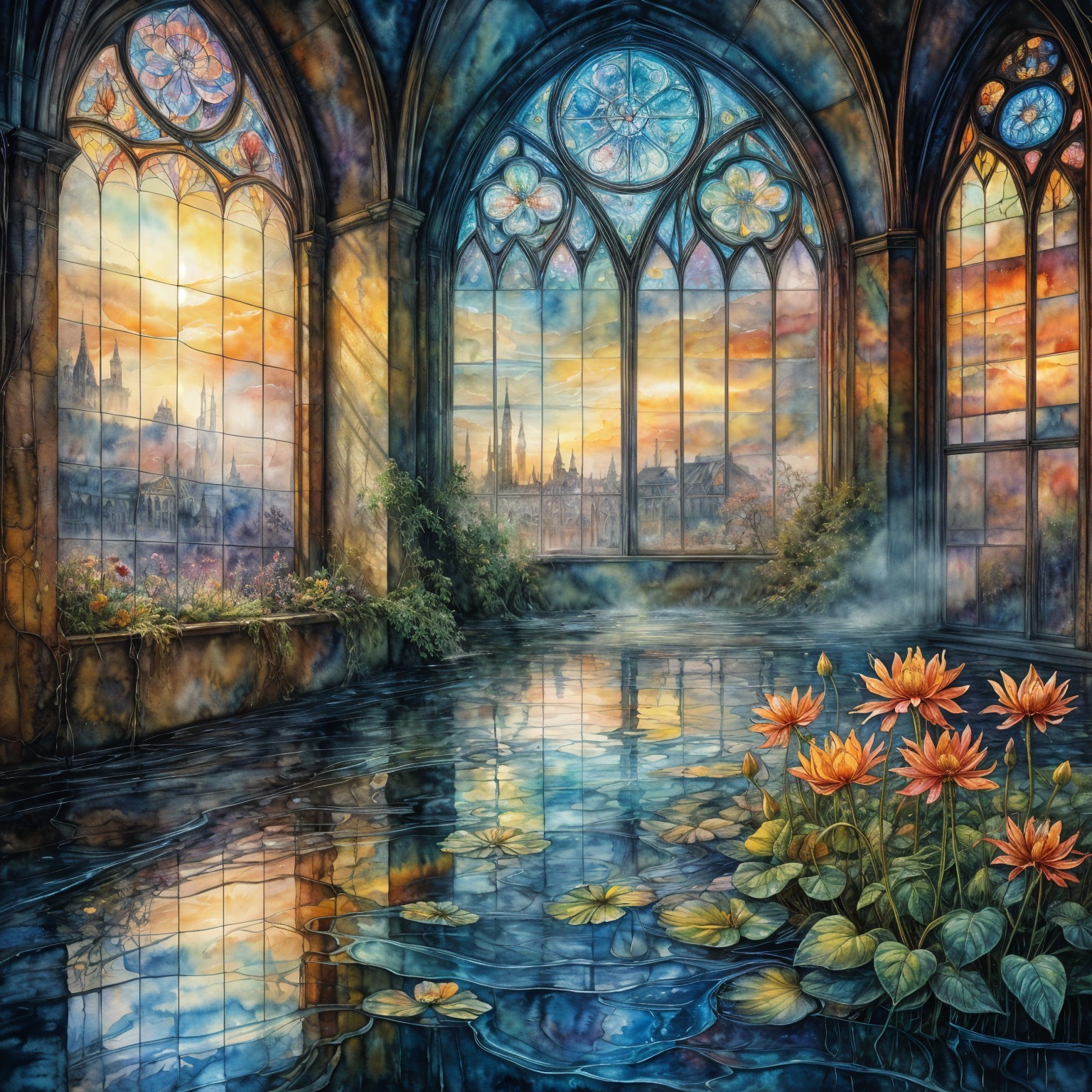 Indoor Medieval Pond with Stained Glass and Plants