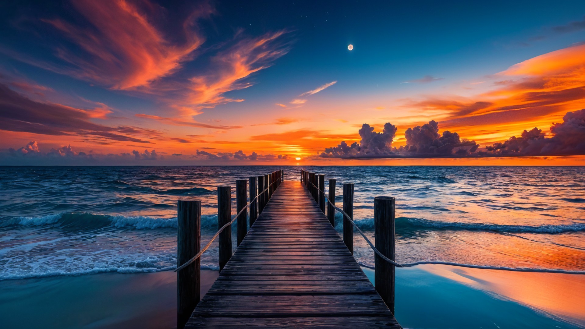 Vibrant Sunset Over Calm Ocean with Wooden Pier