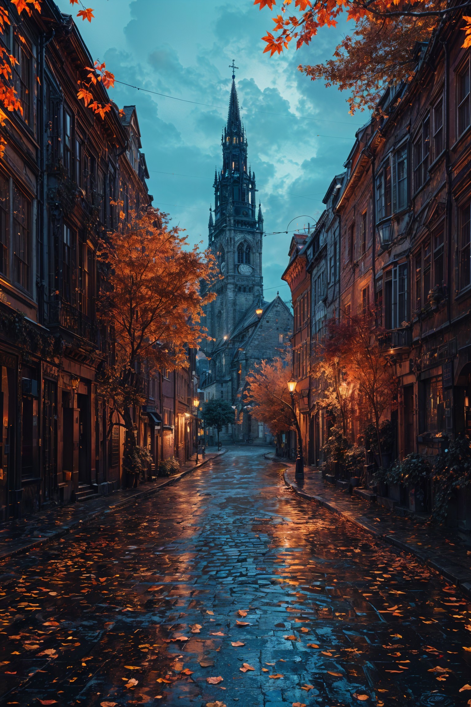 Autumn Street Scene with Cobblestones and Church Steeple