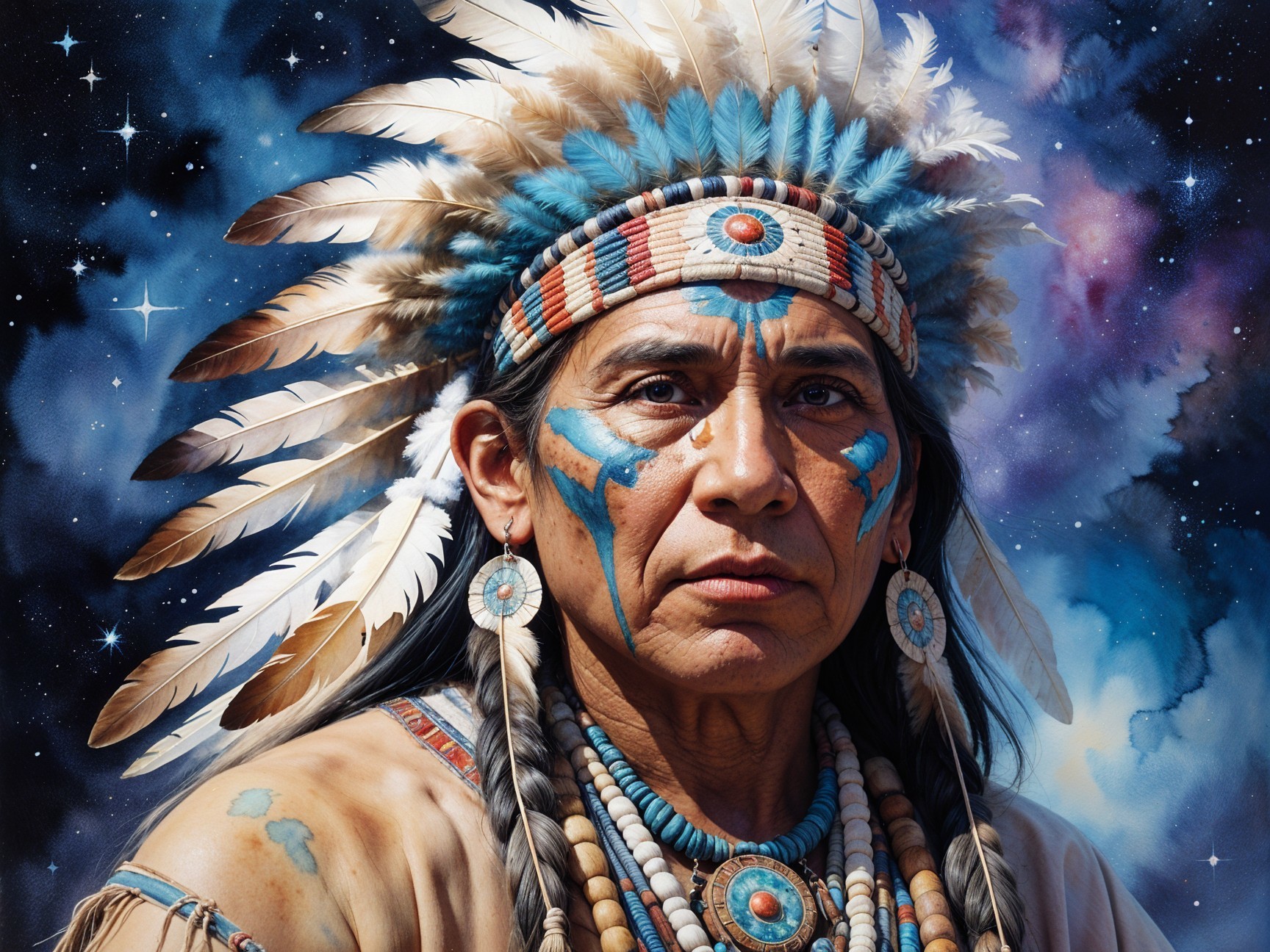 Indigenous Individual in Cultural Attire Against Cosmos