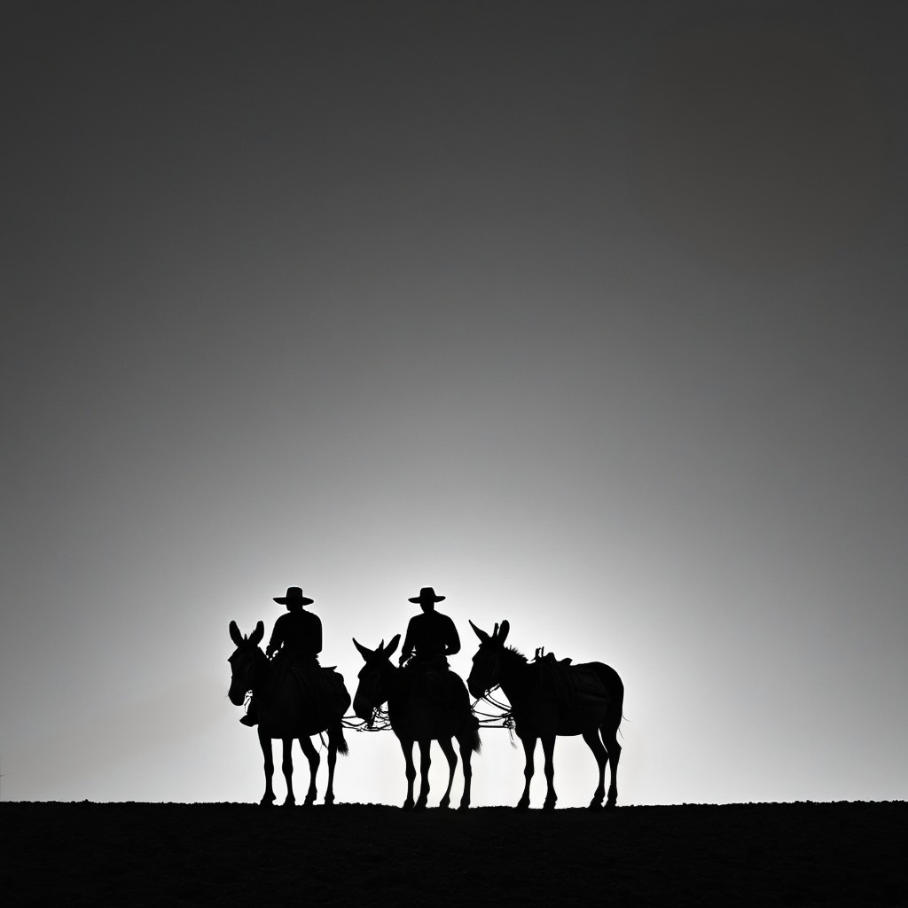 Silhouetted Cowboys on Horseback Against Bright Horizon
