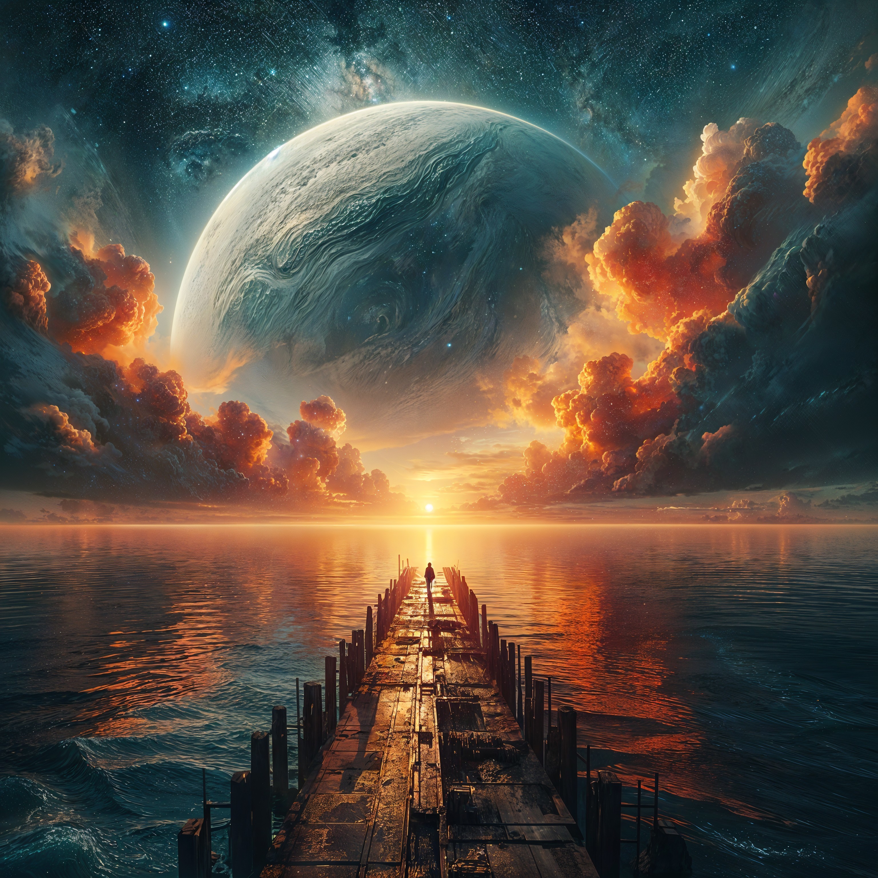 Dock at Sunset with Vibrant Clouds and Cosmic Planet