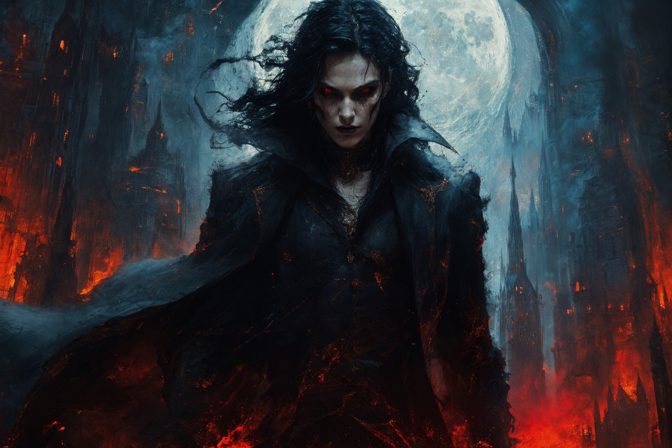 Mysterious figure with pale skin and red eyes at night