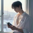 Asian man in wet shirt holding a photograph by window