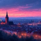 Twilight City Skyline with Gothic Cathedrals and Hills