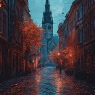 Autumn Street Scene with Cobblestones and Church Steeple