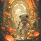 Charming Robot in Enchanted Garden with Moonlight