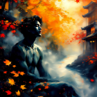 Serene Figure in Vibrant Autumn Foliage and River