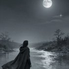 Full Moon Over Winding River with Cloaked Figure