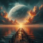 Dock at Sunset with Vibrant Clouds and Cosmic Planet