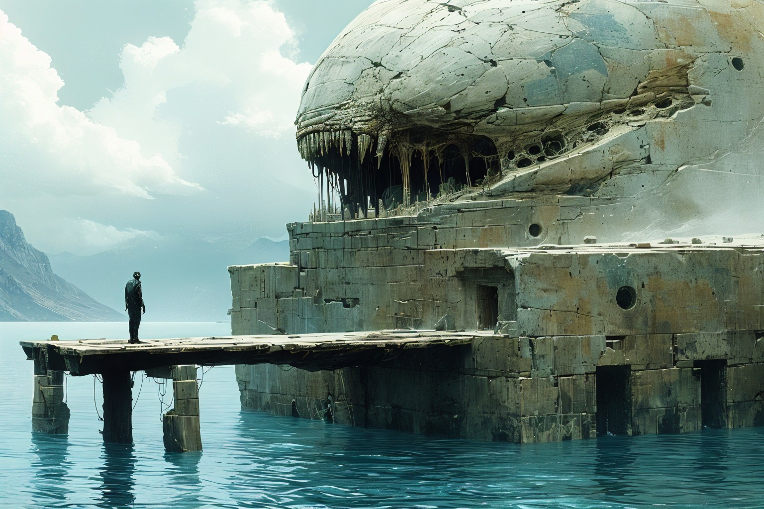 Lone Figure at Skull-Like Structure on Weathered Dock