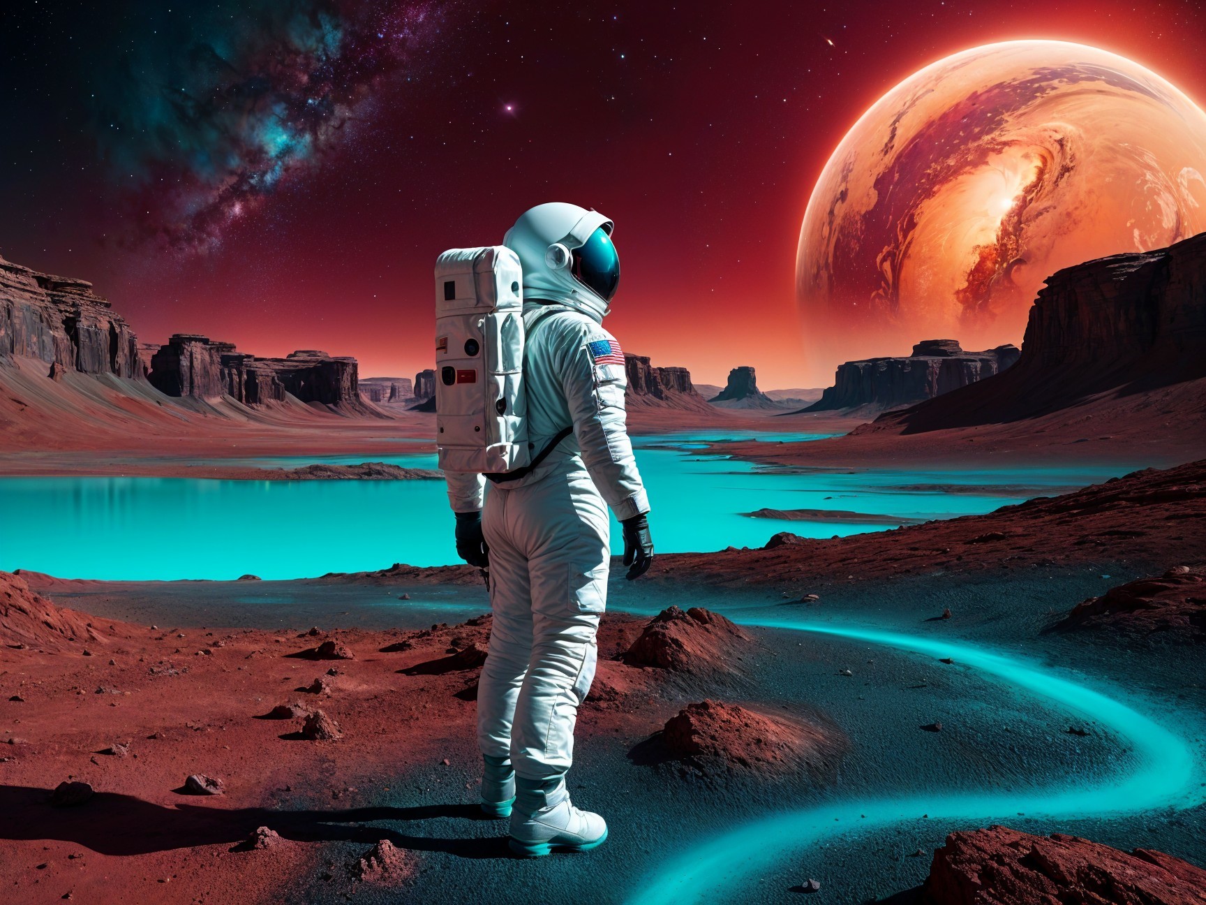 Astronaut on Alien Landscape with Gas Giant and Stars