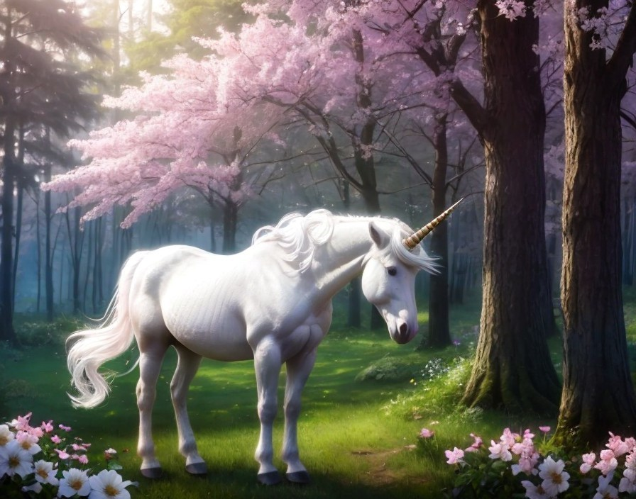 Majestic White Unicorn in Serene Forest Setting