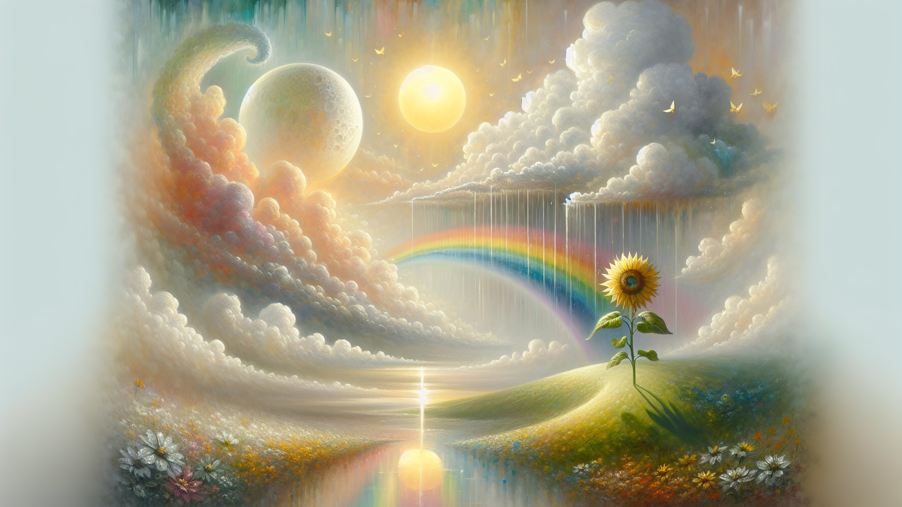 Vibrant Dreamlike Landscape with Sunflower and Rainbow