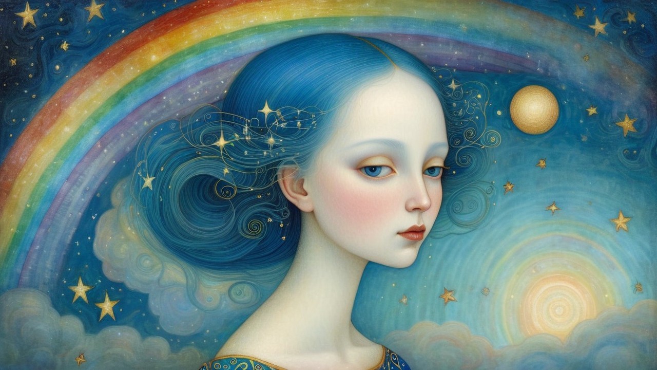 Dreamy Young Woman with Blue Hair in Colorful Scene