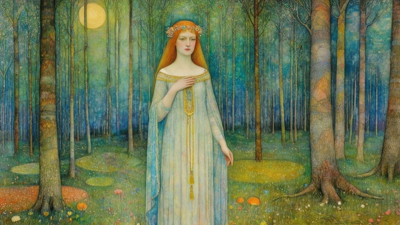 Serene Forest Scene with Young Woman in Blue Gown