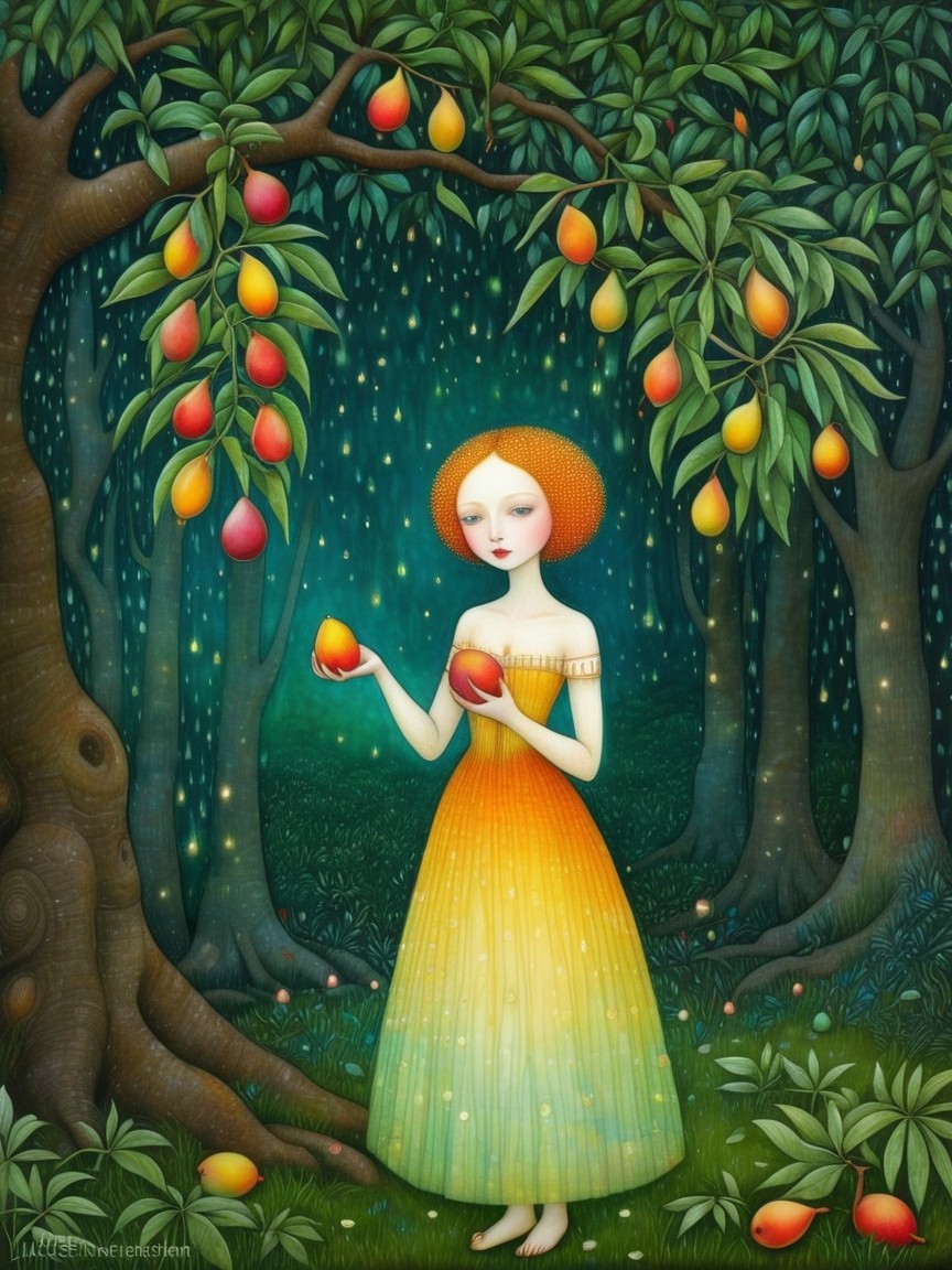 Young Woman in Gradient Dress in Enchanted Forest