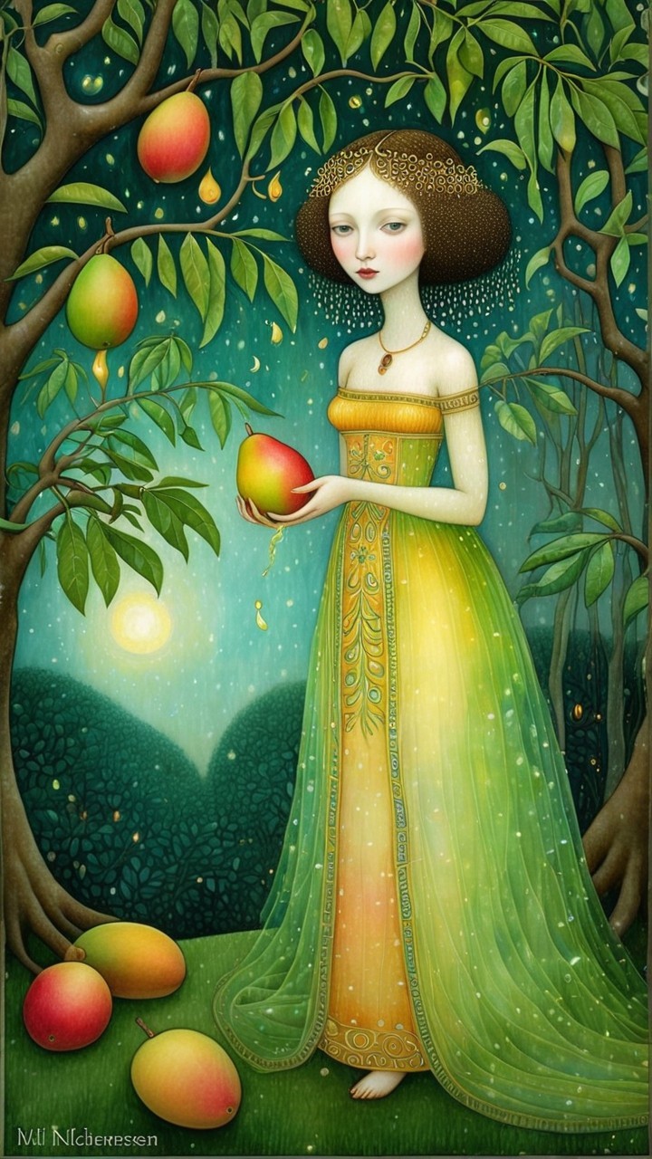 Ethereal Figure in Lush Mango Orchard at Dusk