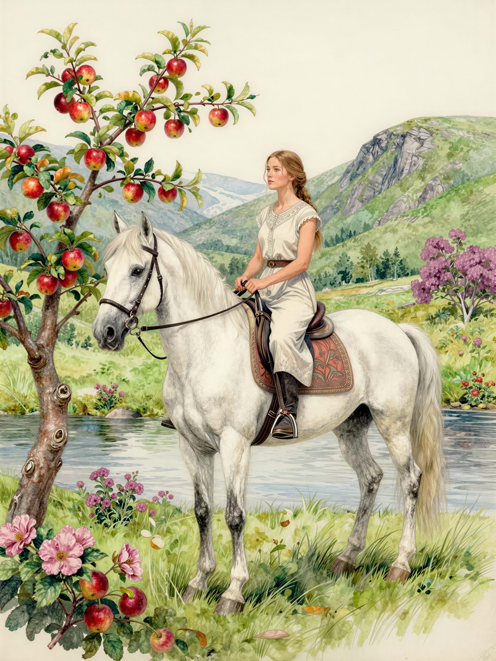 Young Woman on White Horse in Lush Green Landscape
