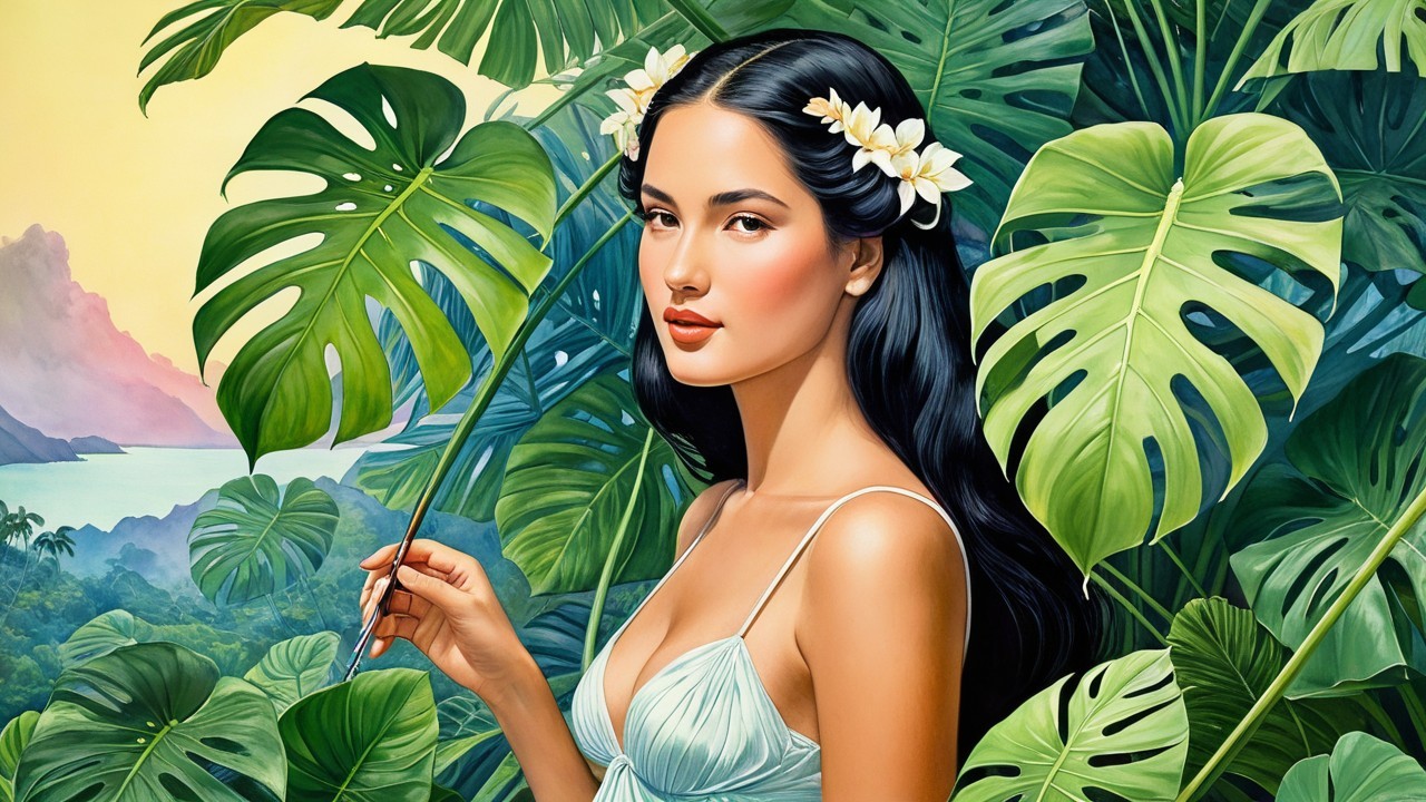 Confident Beauty Among Tropical Foliage