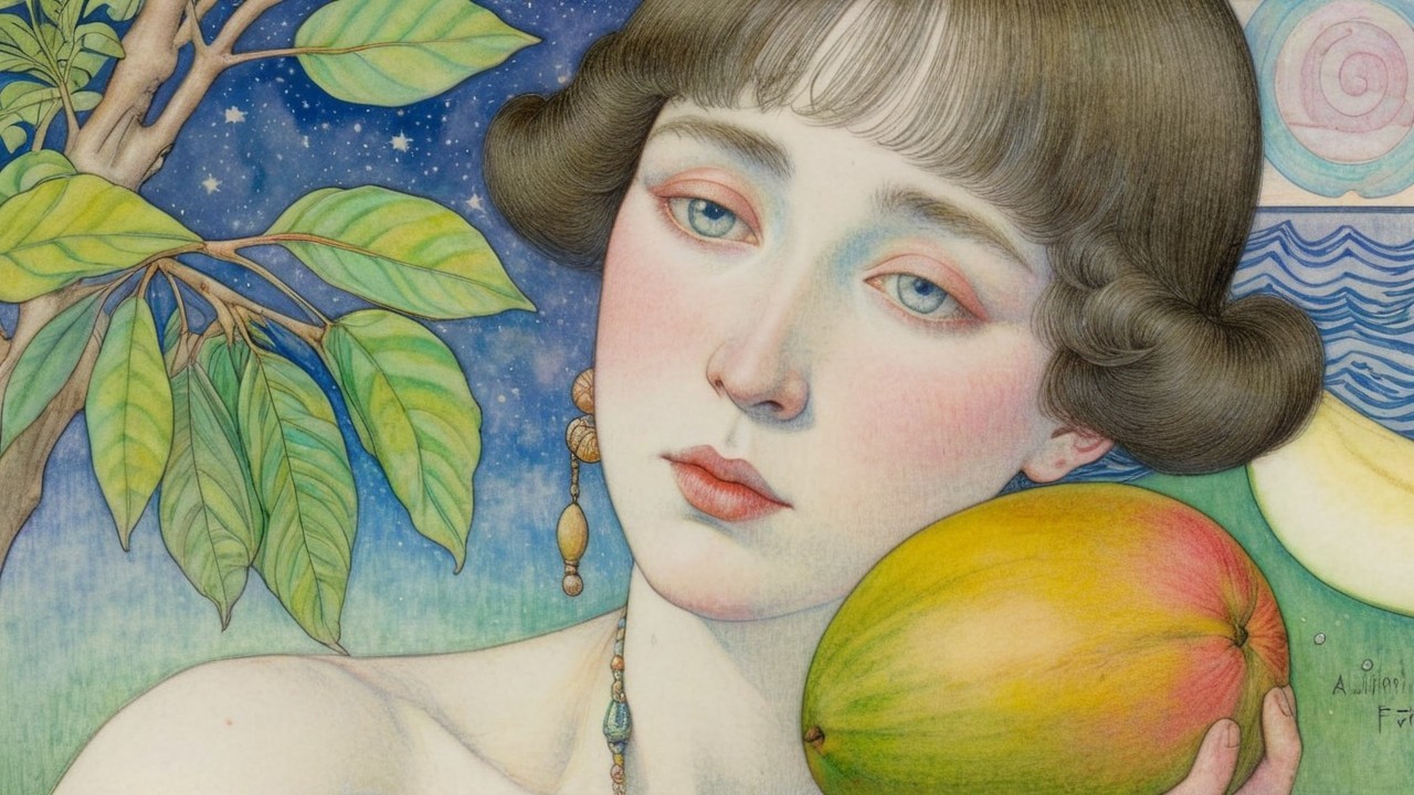 Ethereal Young Woman with Mango in Dreamy Setting