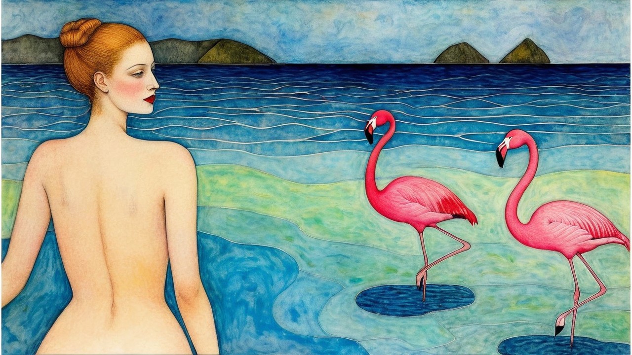 Serene Beach Scene with Woman and Pink Flamingos