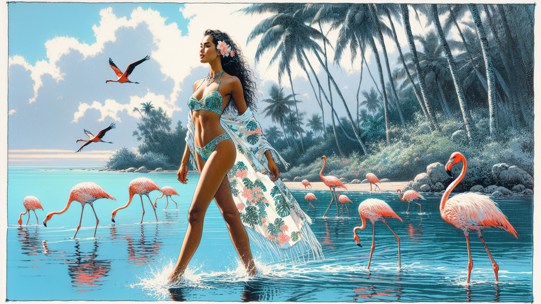 Beach Scene with Woman in Bikini and Flamingos