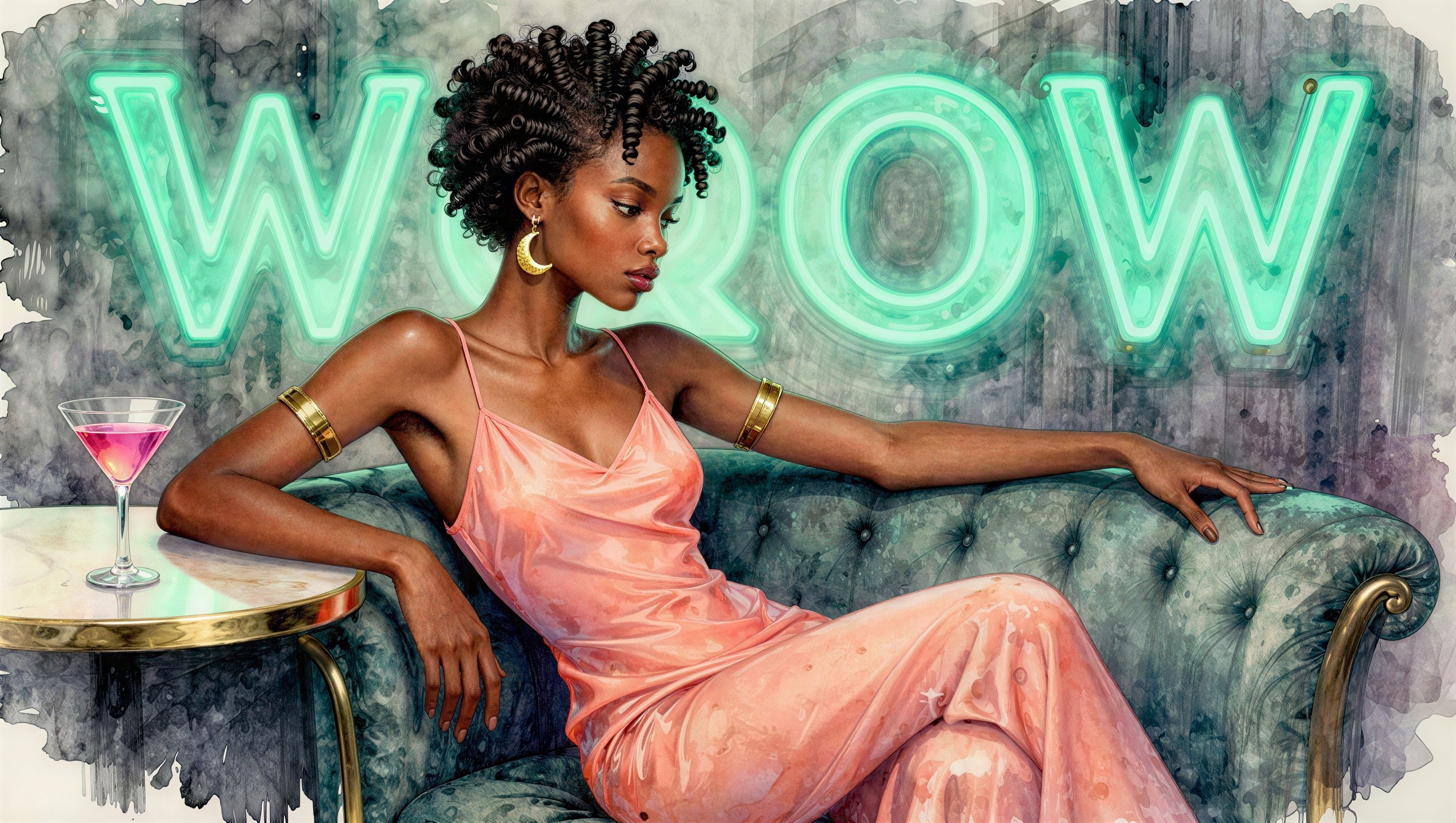 Watercolor Painting of Woman in Peach Dress on Sofa