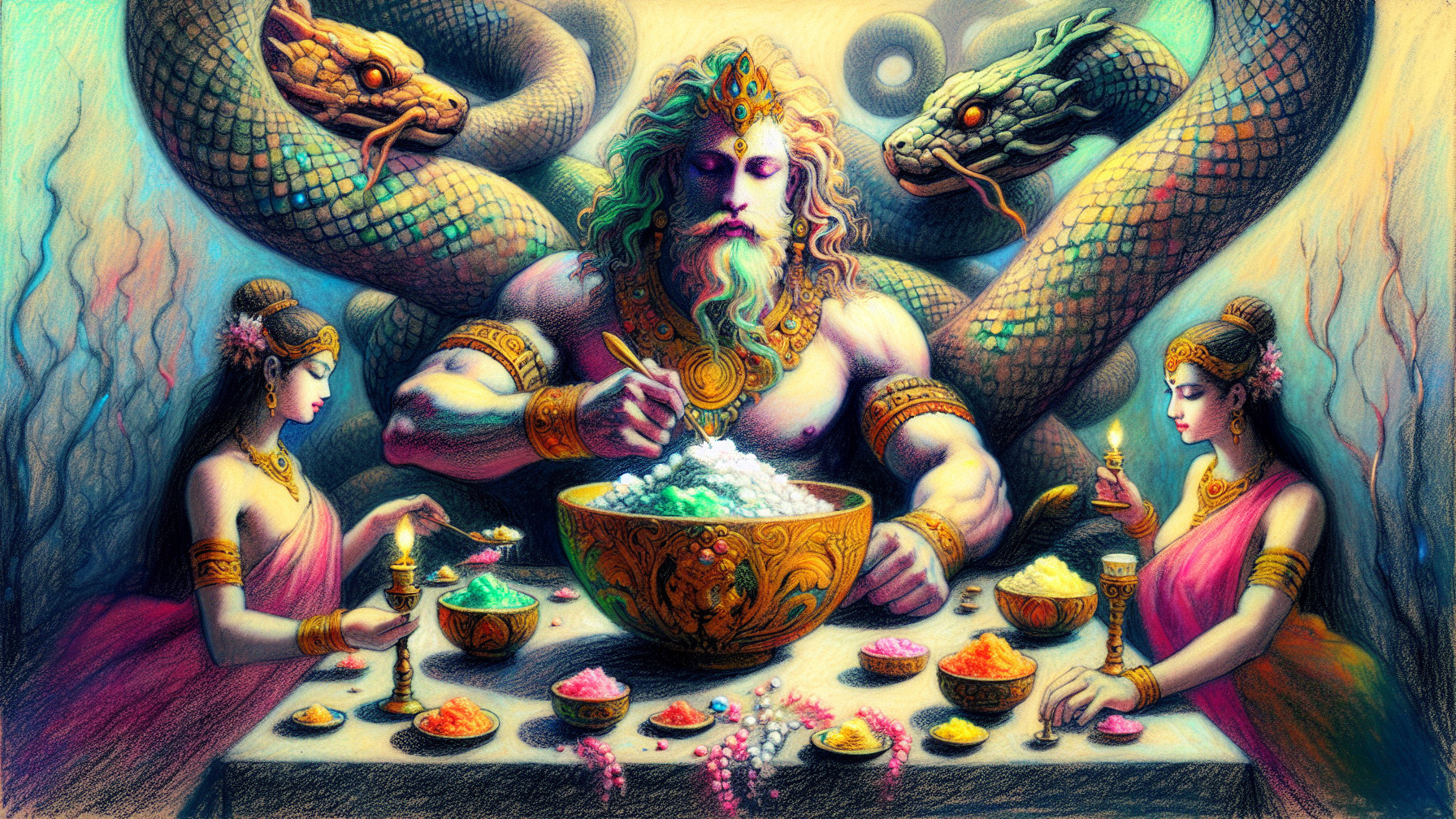 Mythological Scene with Majestic Figure and Dragons