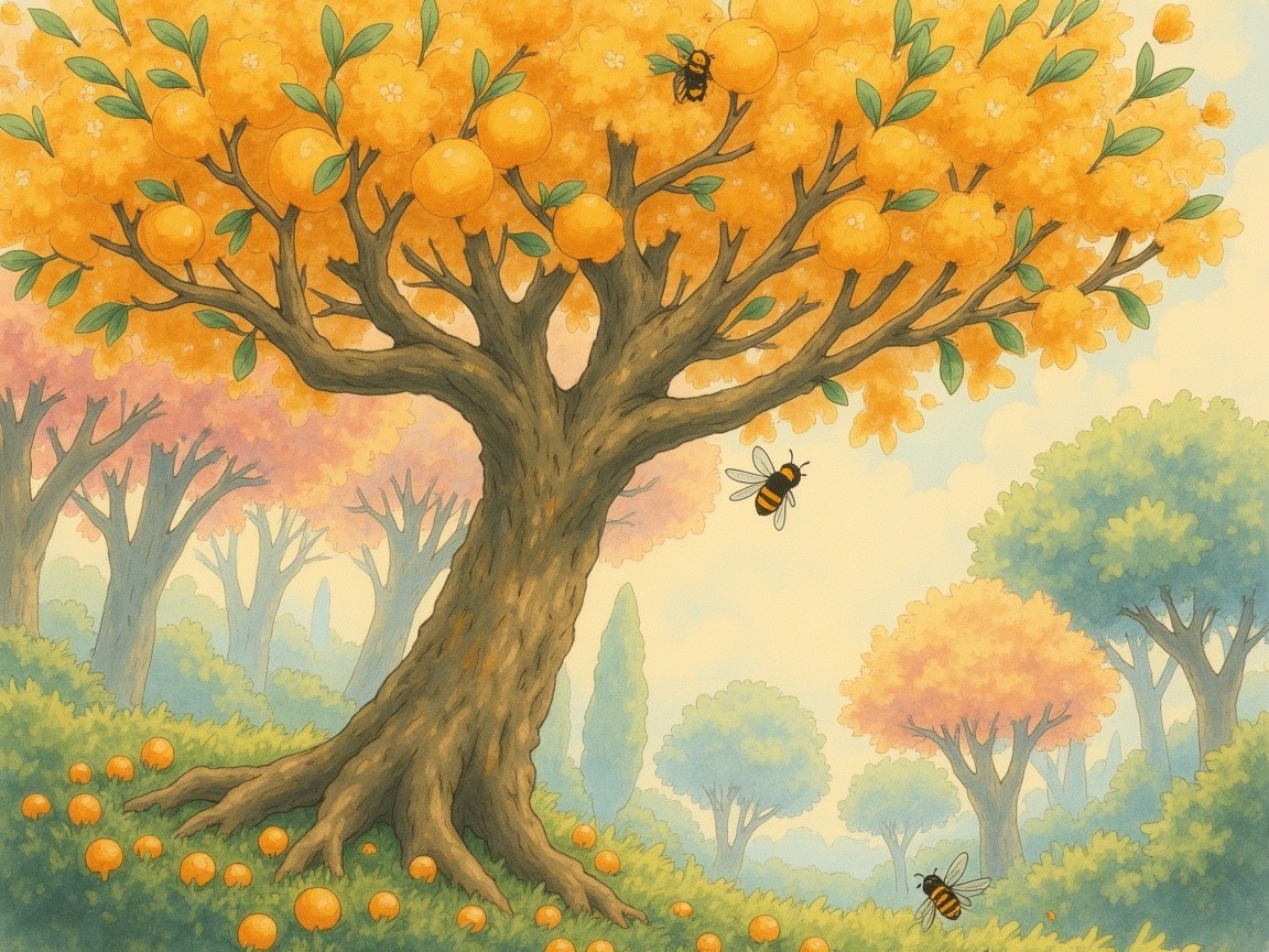 Whimsical Landscape with Vibrant Orange Tree and Bees