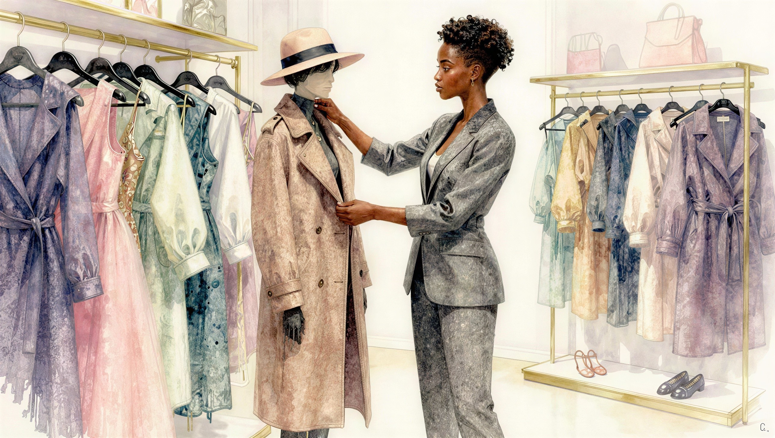 Watercolor Painting of Woman with Mannequin and Clothing