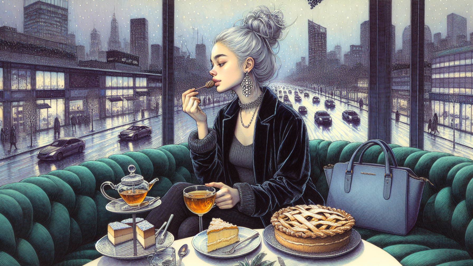 Young Woman with Gray Hair in Restaurant Setting