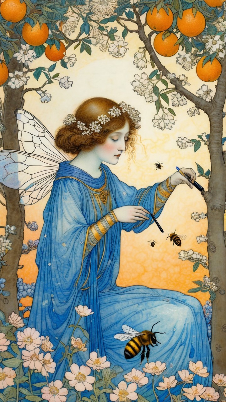 Fairy Painting Among Blossoming Orange Trees