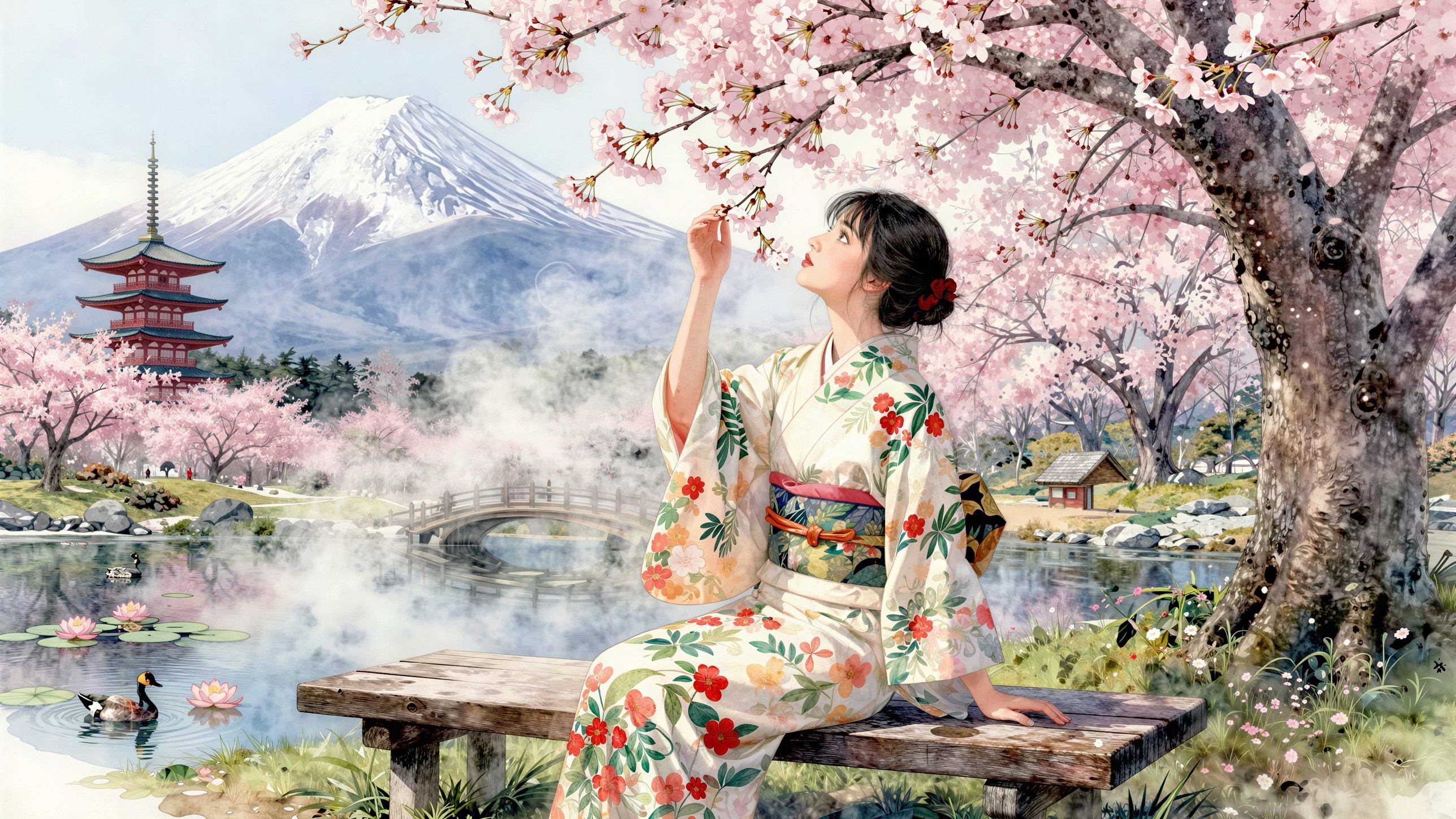 Watercolor Cherry Blossom Landscape in Japan