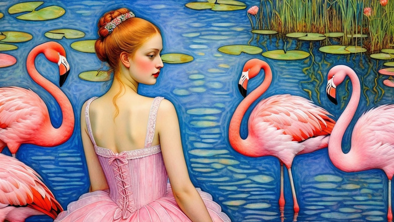 Young Woman by Tranquil Pond with Flamingos