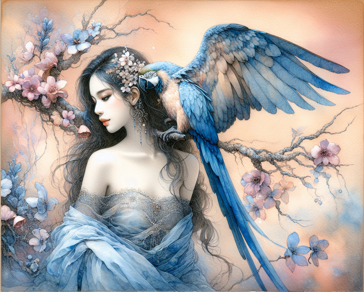 Serene woman with flowers and blue parrot in pastel scene