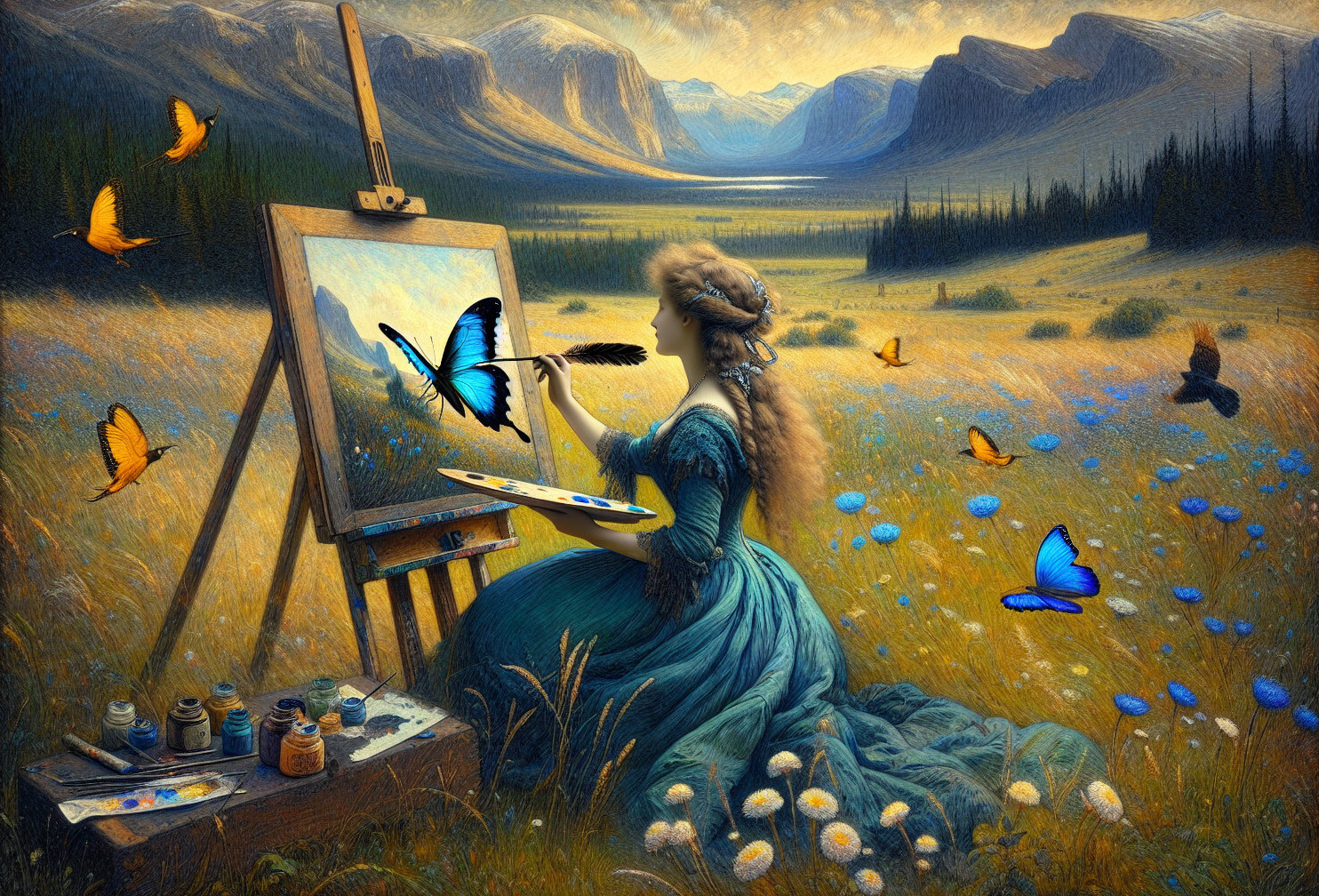 Painter in Meadow Capturing Butterfly Scene
