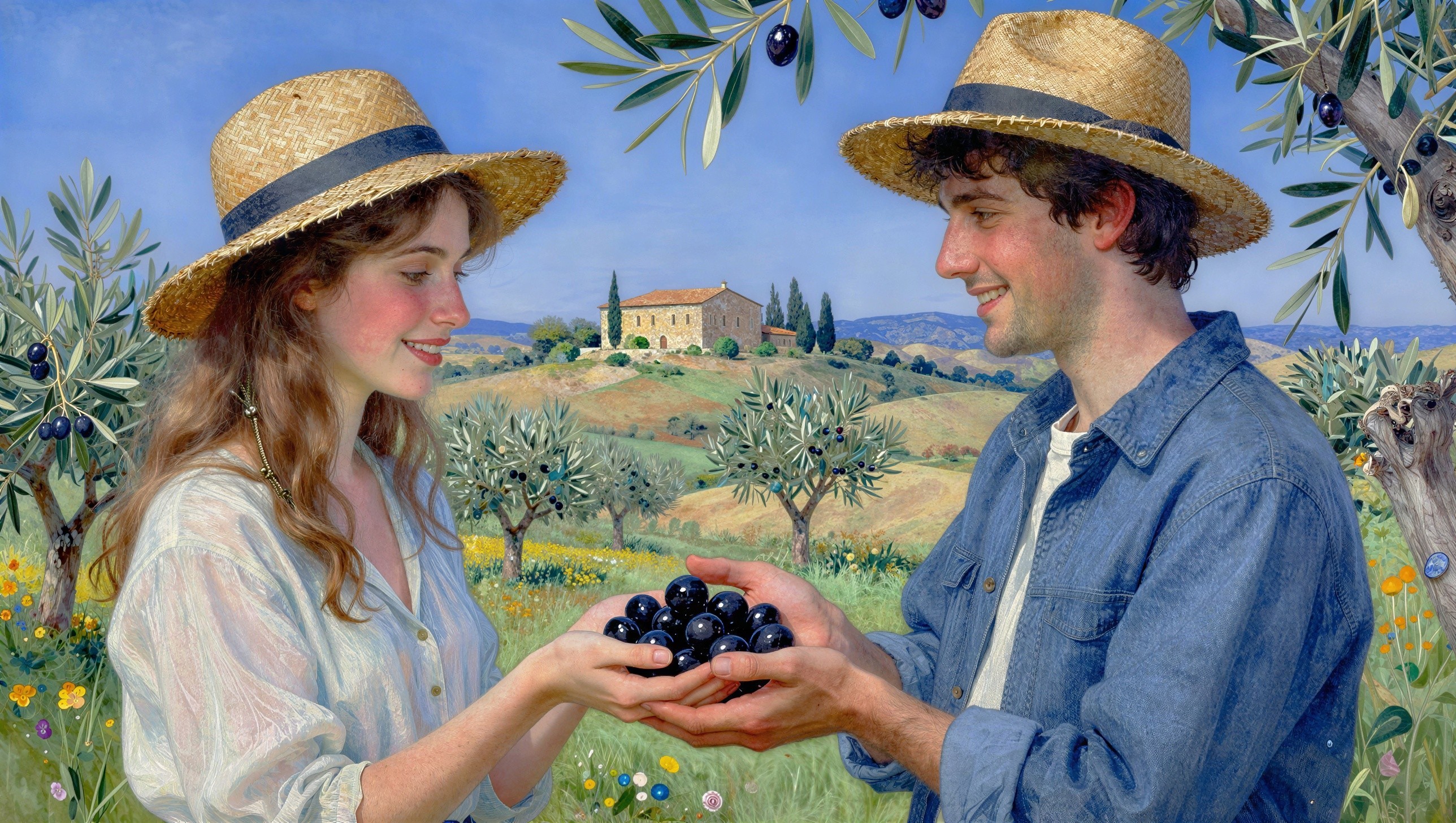 Young Couple Harvesting Olives in Italian Grove