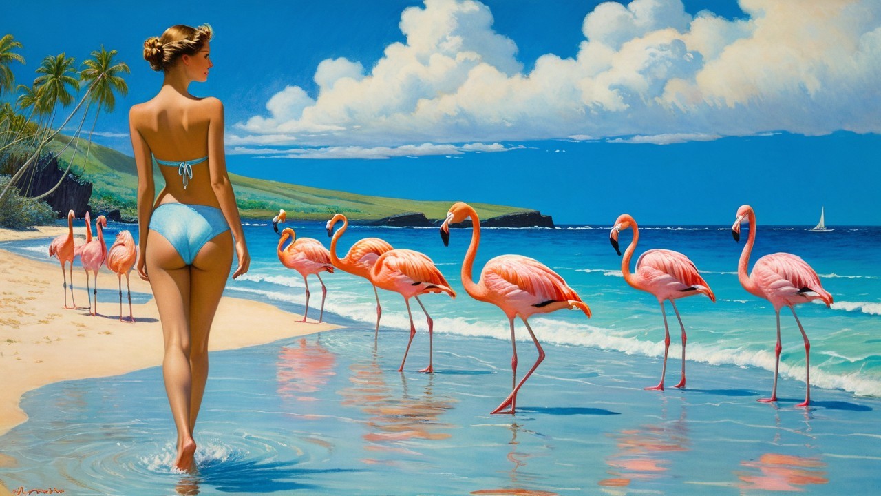 Serene Beach Scene with Flamingos and Lush Hills