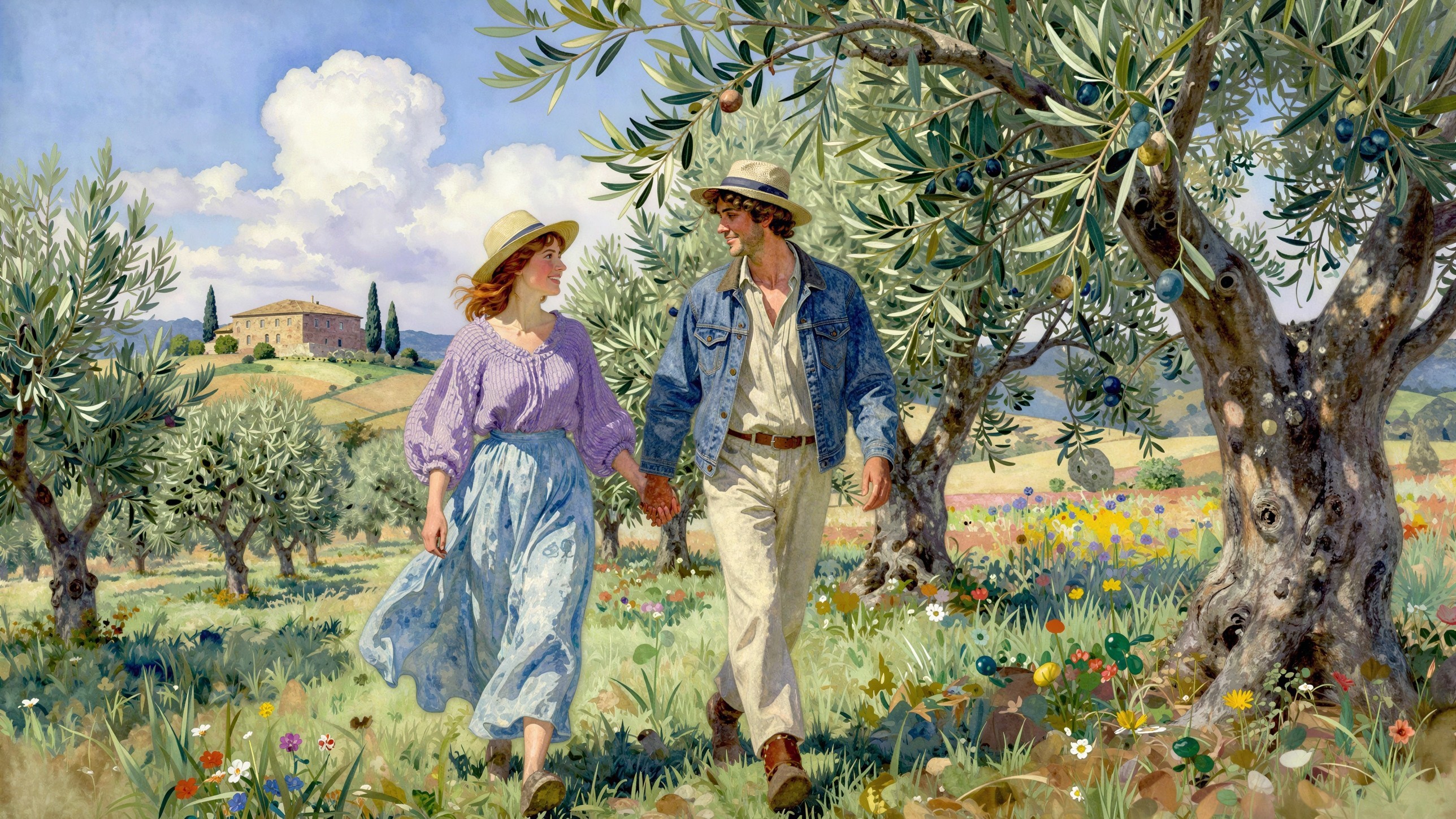 Couple Strolling in Olive Grove in Tuscany, Italy