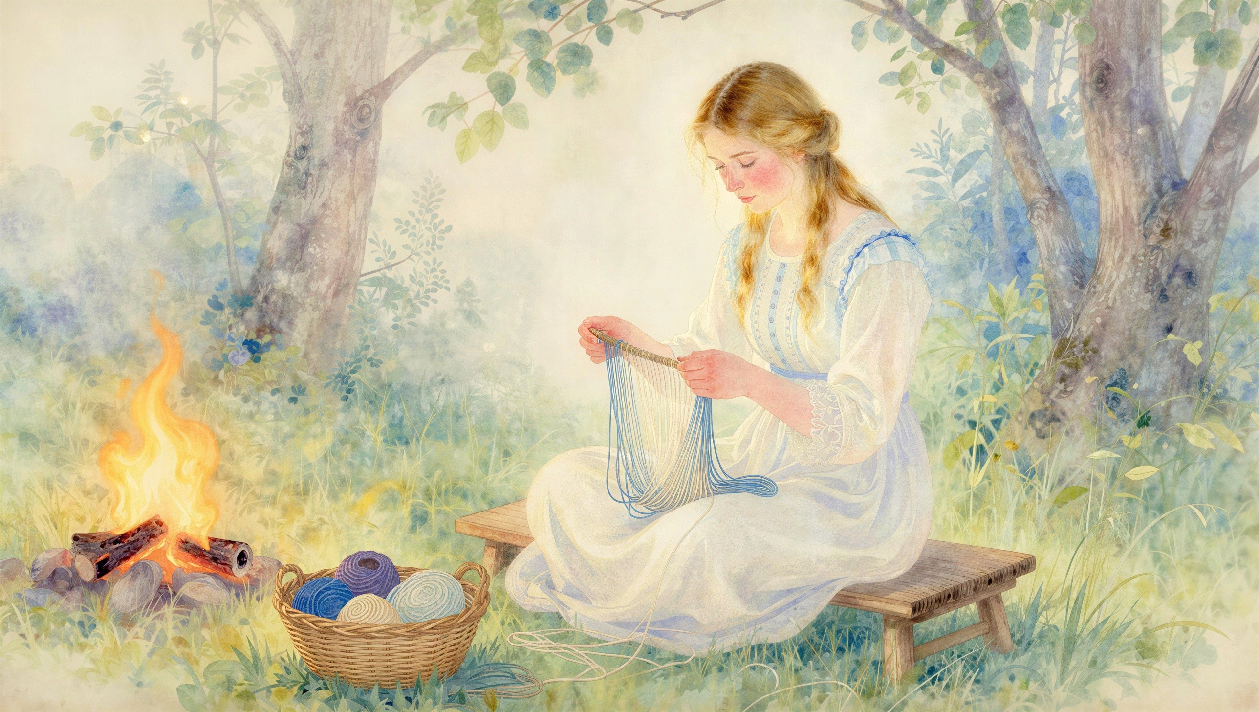 Watercolor of a woman knitting by a campfire