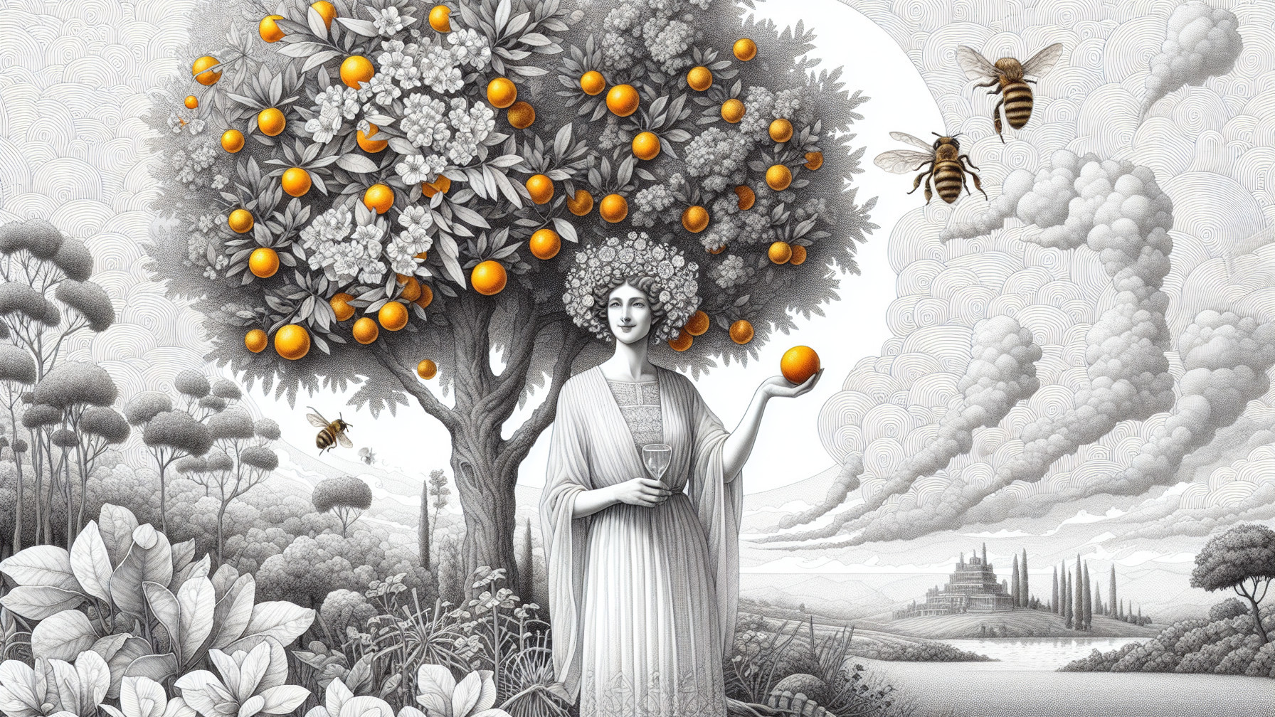 Monochrome Landscape with Woman and Fruit Tree