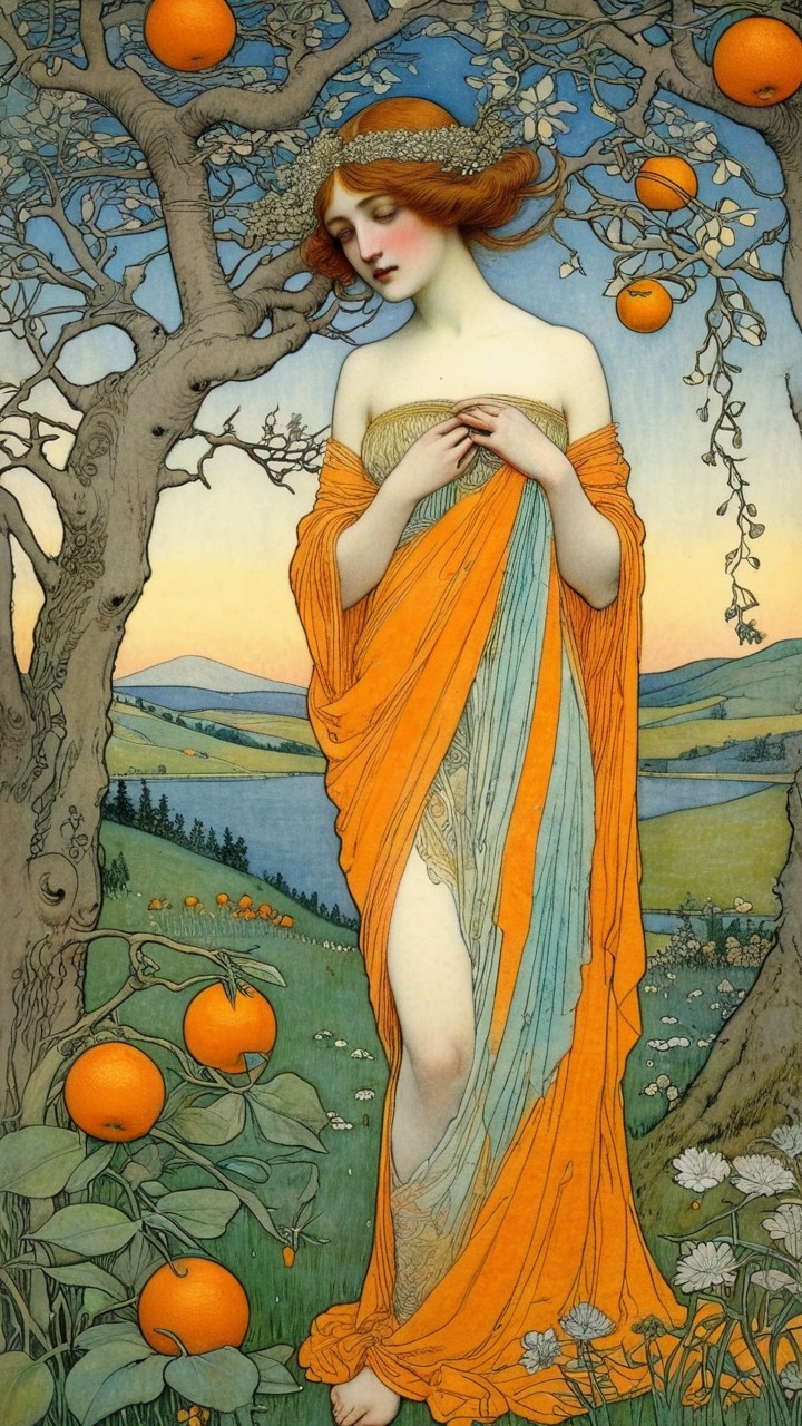 Graceful figure by orange tree in vibrant landscape