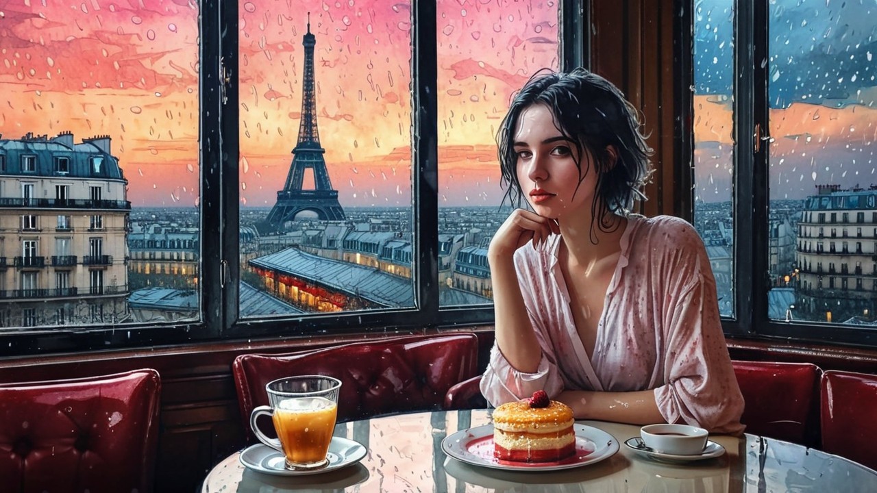 Young woman in cafe with pancakes and orange beverage
