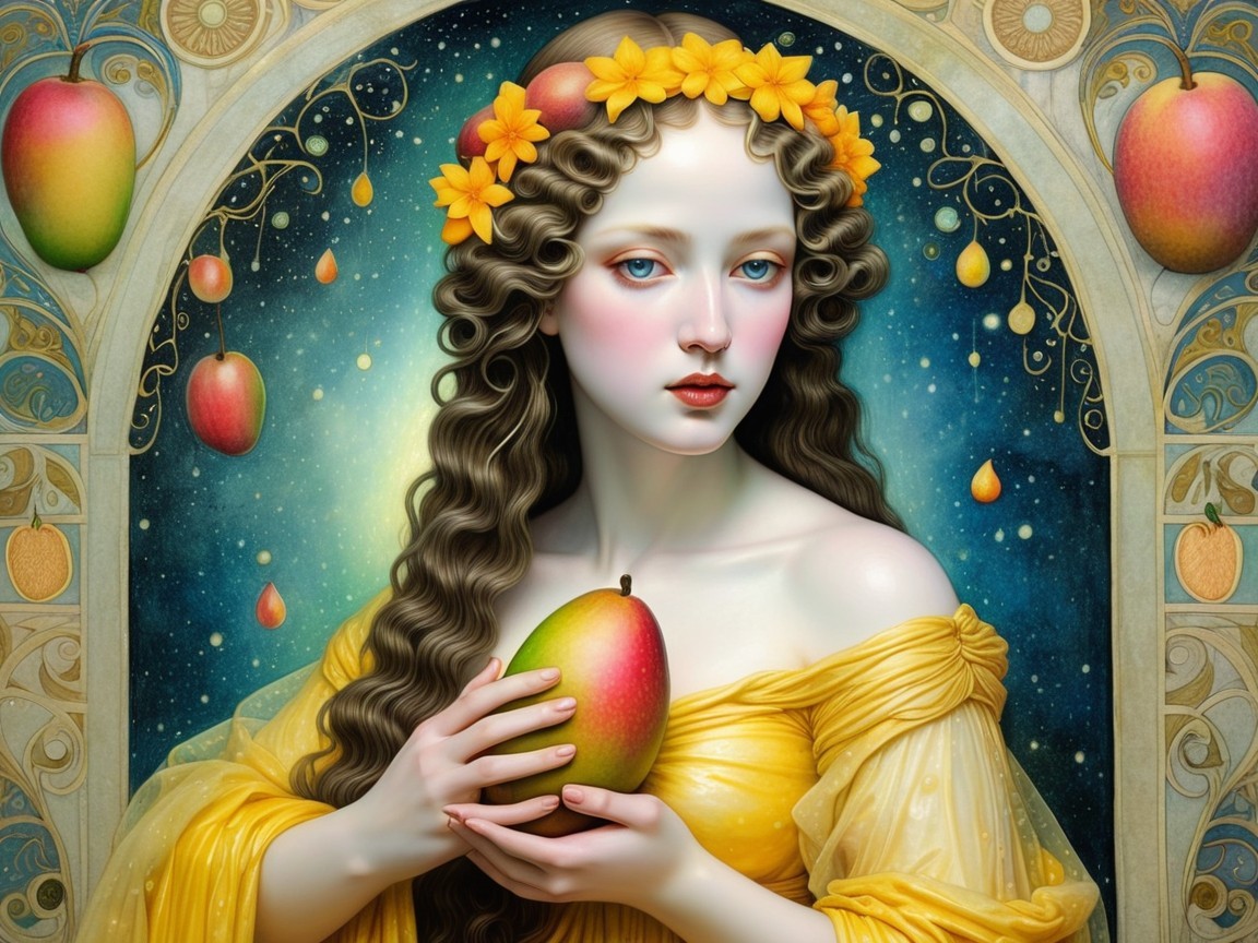 Ethereal Woman in Yellow Gown with Mangoes Background