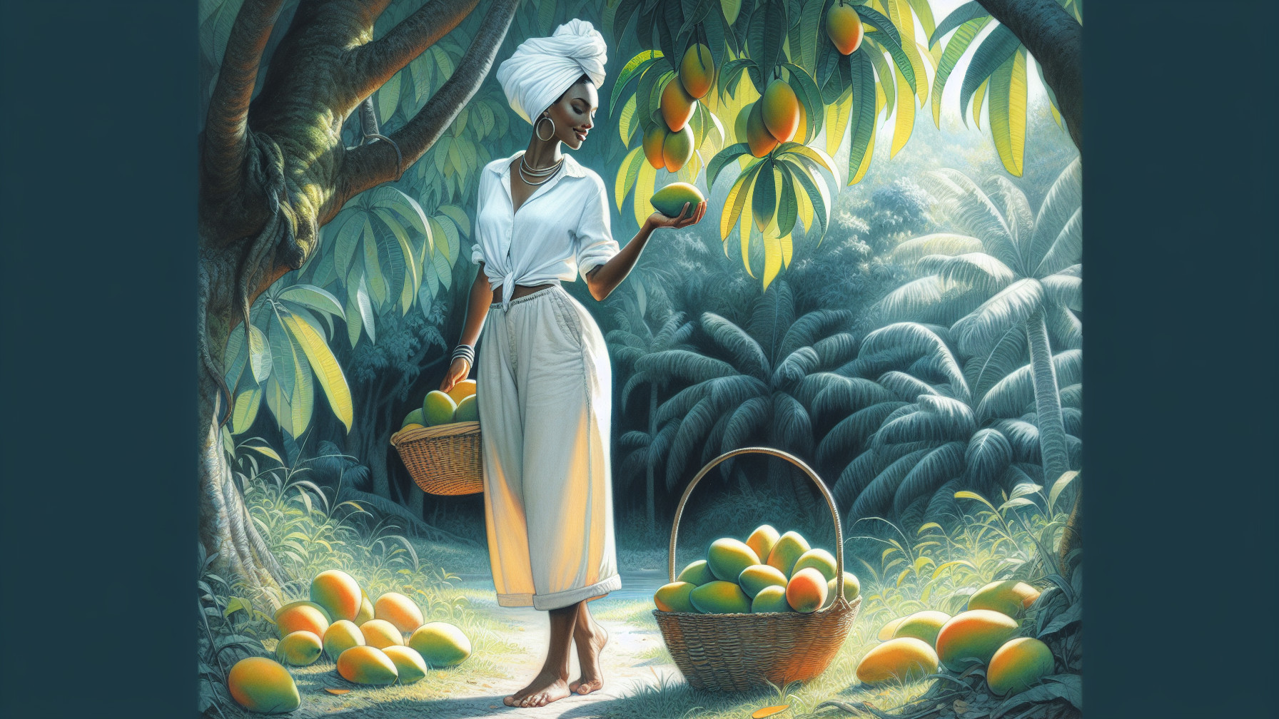 Woman in Mango Grove with Ripe Mango and Baskets